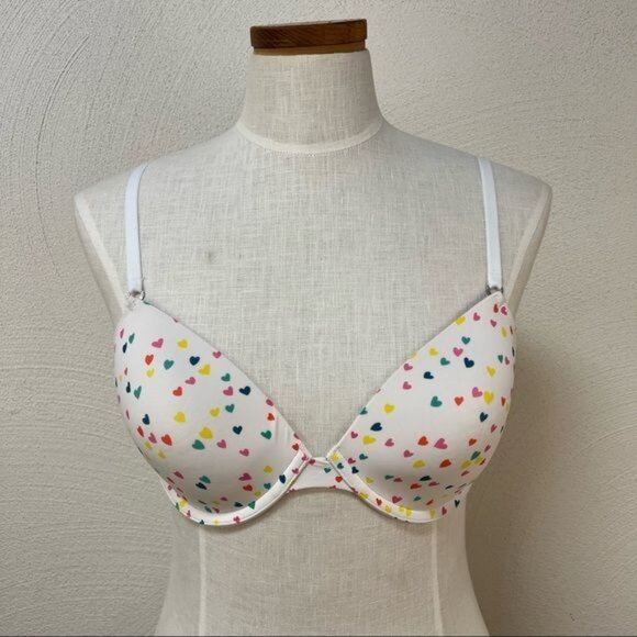 Victoria’s Secret PINK T-Shirt Demi Bra White with Multi-Colored Hearts Sz 36D - Picture 1 of 10